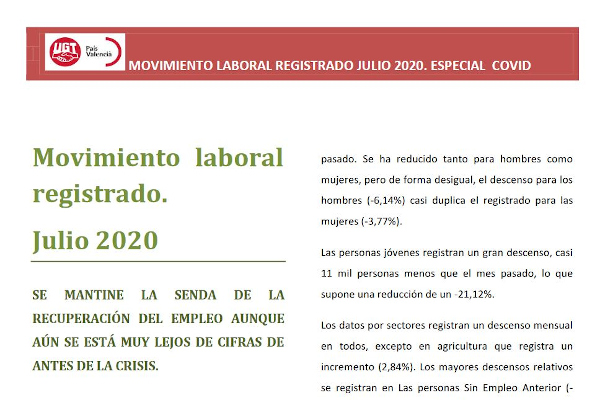Informe del moviment laboral registrat de juliol 2020
